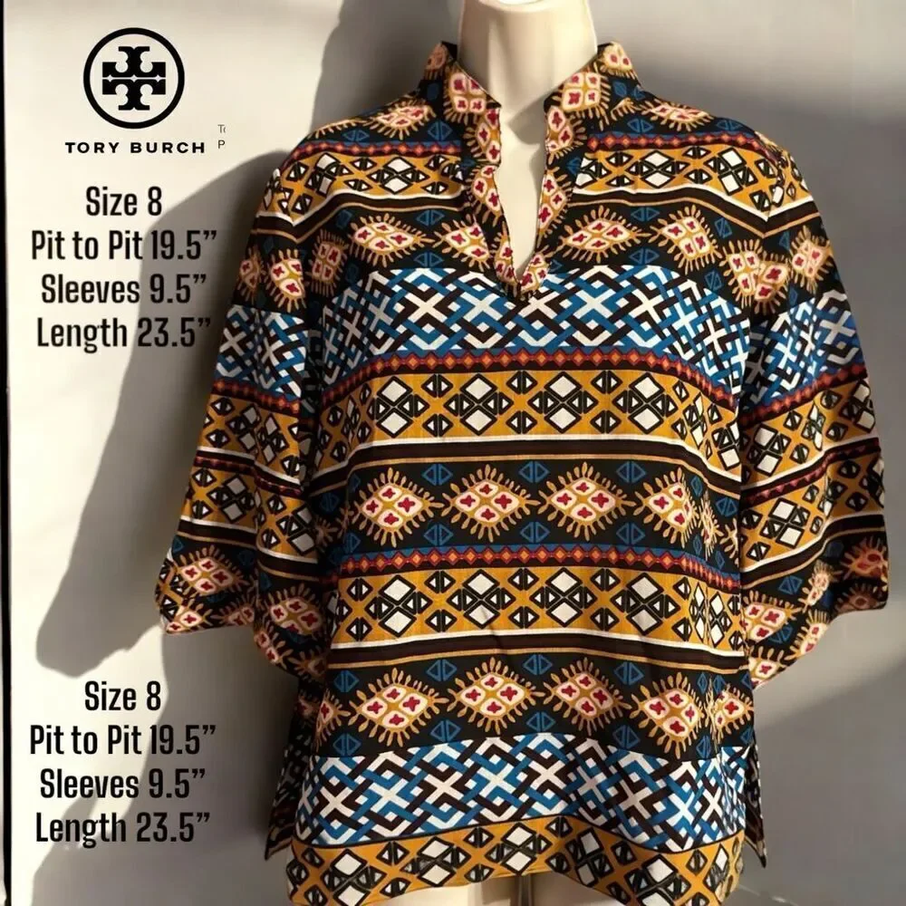 Tory Burch Geometric Wool Blend Multicolor V-Neck Pullover 3/4 Sleeve Blouse Top